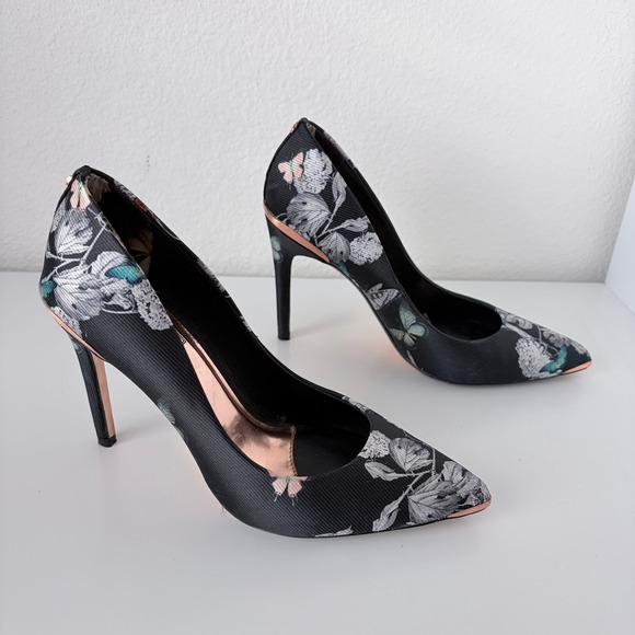 Ted Baker Kawaap Floral Print Stiletto Heels Black Rose Gold Butterfly Sz 7 - Picture 4 of 7